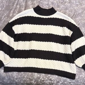 Black and White Mock-Neck Textured Striped Sweater With Puff Sleeves